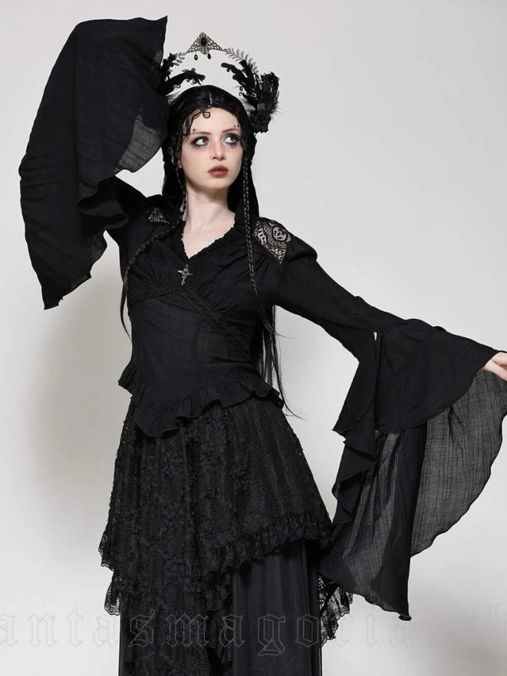Dark in Love Big Bell Flare Sleeve Top Goth Fairy Core Ruffle Trim Top